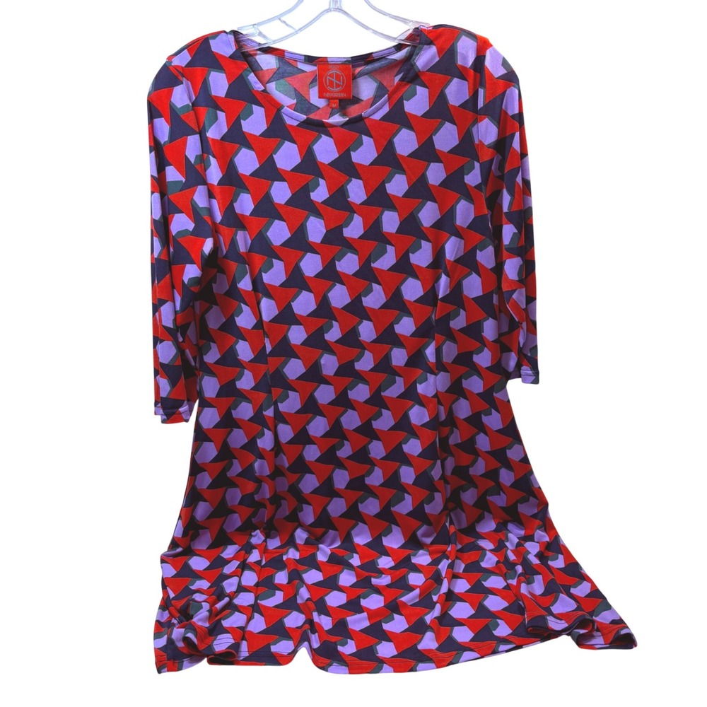 Tracy Negoshian Womens Red Purple‎ Geometric Print 3/4 Sleeve Midi Dress Size M